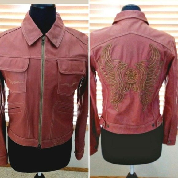 Harley Davidson Leather Motorcycle Jacket Coat Size S Wings Brown Orange
